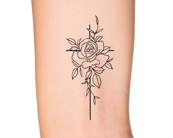 Rose Cross Flower Temporary Tattoo / petite croix religieuse florale / Tatouage de foi / Tatouage de contour de fleurs sauvages / Tatouage de Dieu