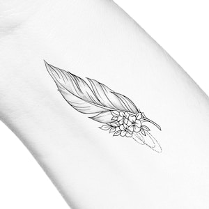 Feminine Floral Drippy Dotwork Feather Temporary Tattoo