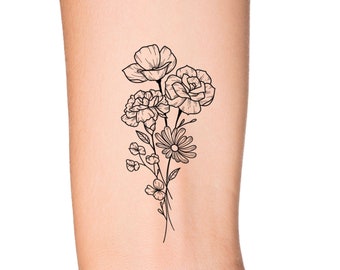 Tatouage temporaire de fleurs sauvages / Tatouage floral / Tatouage de petite fleur / Tatouage féminin / Tatouage contour simple