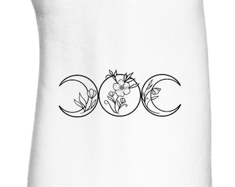 Wildflower Triple Moon Goddess Outline Temporary Tattoo / Maiden Mother Crone Deity Temp Tattoo
