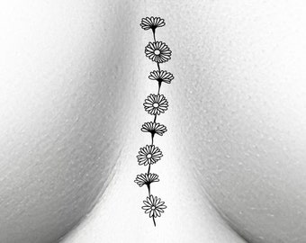 以下が含まれることがあります： 白い背景に垂直に並んだ、デイジーのシンプルな黒の線画です。