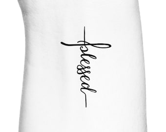 Blessed Cross Temporary Tattoo / Feminine Cursive Word Cross Temp Tattoo / Calligraphy Religious Fake Tattoo