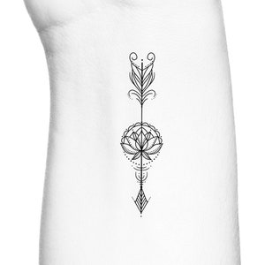 Geometric Lotus Mandala Arrow Temporary Tattoo / Forearm Temp Tattoo / Sternum Underboob Ribs Fake Tattoo