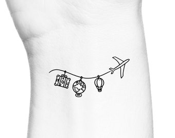 Flugzeug Word Travel Single Line temporäres Tattoo