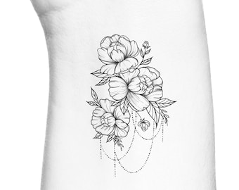 Large Delicate Florals Feminine Dotwork Temporary Tattoo / Roses Peony Half Sleeve Temporary Tattoo