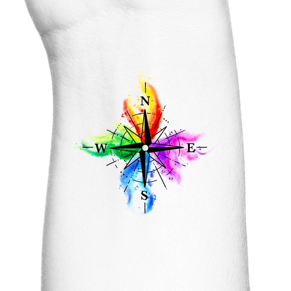 Watercolor Rainbow Nautical Compass Rose Geometric Temporary Tattoo