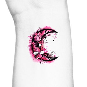 Watercolor Feminine Pink Floral Crescent Moon Temporary Tattoo