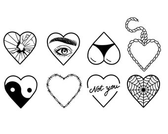 Grunge Hearts Multipack Sheet Temporary Tattoos / Spiderweb / Yin Yang / Barbed Wire / Rope / Shattered Glass / Woman's Eye