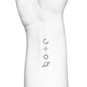 Crescent Moon Star Sun Planet Outline Temporary Tattoo