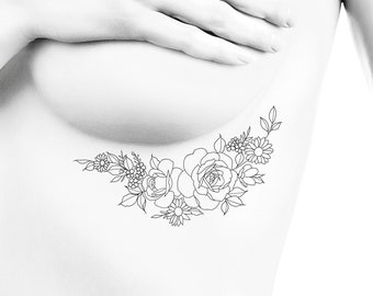 Grand tatouage temporaire Underboob contour floral