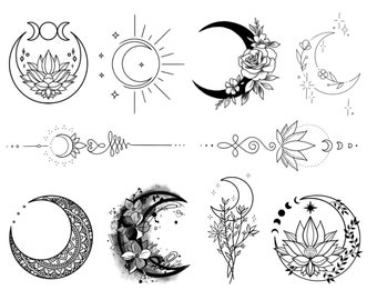 Lot de 10 tatouages temporaires lune / Wildflower Crescent Moon Lotus Unalome Moon Phases Mandala Flowers Tattoo Sheet