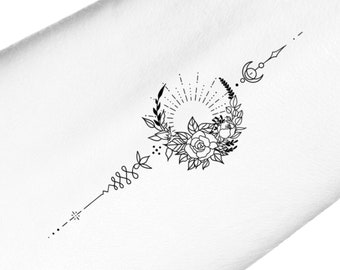 Sun and Moon Geometric Botanical Floral Unalome Temporary Tattoo