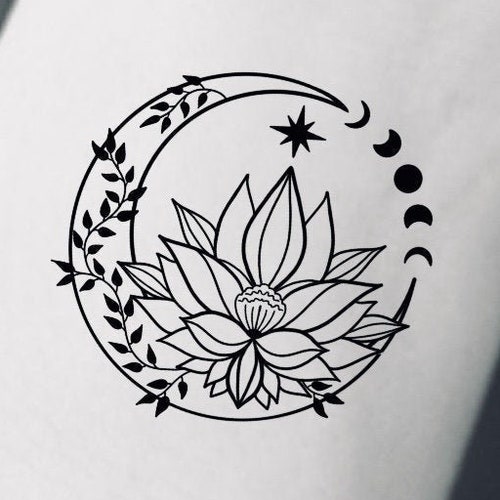 Lotus Crescent Moon Phases Temporary Tattoo / Wildflower Vine - Etsy