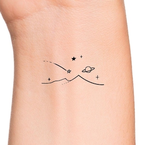 Mountains Planets Sky and Shooting Stars Outline Temporary Tattoo / Cute Small Wrist Tattoo / Nature and Space Tattoo image 1