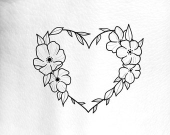 Tatouage temporaire de coeur floral délicat / tatouage temporaire de poignet féminin / contour de fleurs sauvages / tatouage d’amour / faux tatouage de contour de petit coeur