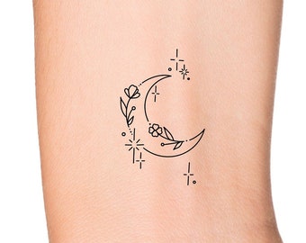 Dainty Floral Crescent Moon Outline Tatouage temporaire féminin