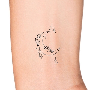 Dainty Floral Crescent Moon Outline Feminine Temporary Tattoo