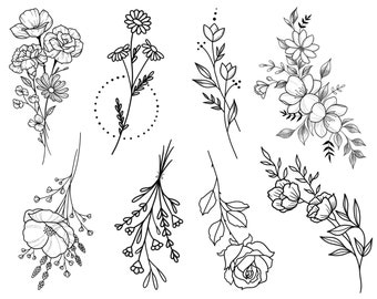 Ensemble de fleurs sauvages de 8 tatouages temporaires multipack / multipack de tatouage floral / feuille de tatouage temporaire fleur