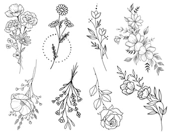 Ensemble de fleurs sauvages de 8 tatouages temporaires multipack / multipack de tatouage floral / feuille de tatouage temporaire fleur