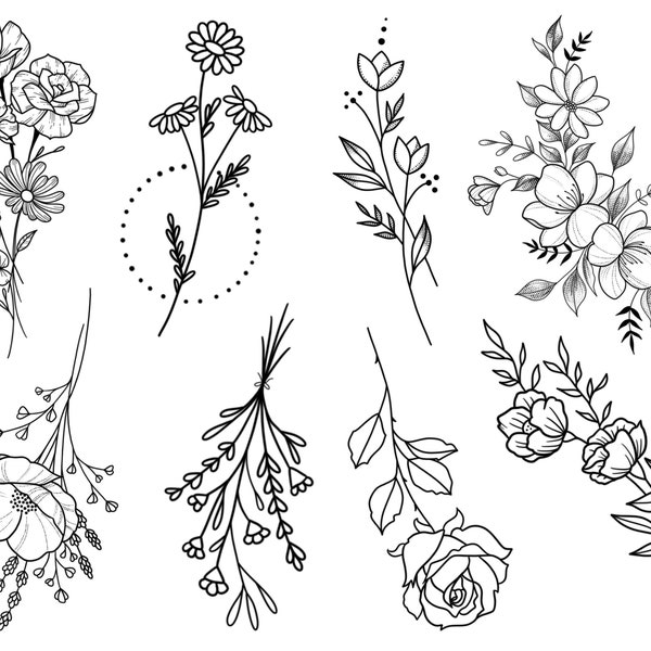 Wildflowers Set of 8 Temporary Tattoo Multipack / Floral Tattoo Multipack / Flower Temporary Tattoo Sheet