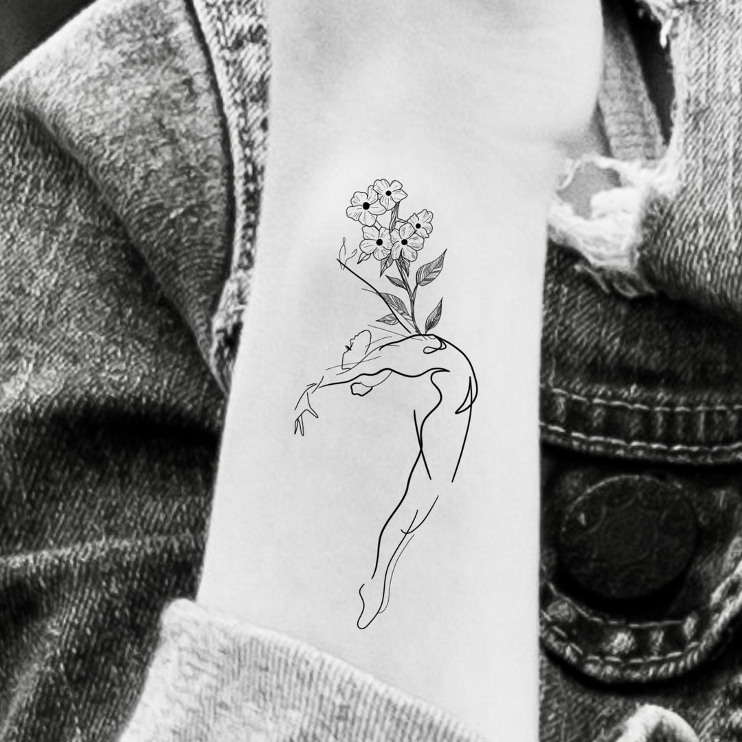 Rinascita floreale ballerina singola linea tatuaggio temporaneo  tatuaggio  linea continua  ballerina  tatuaggio balletto  tatuaggio femminile - ...