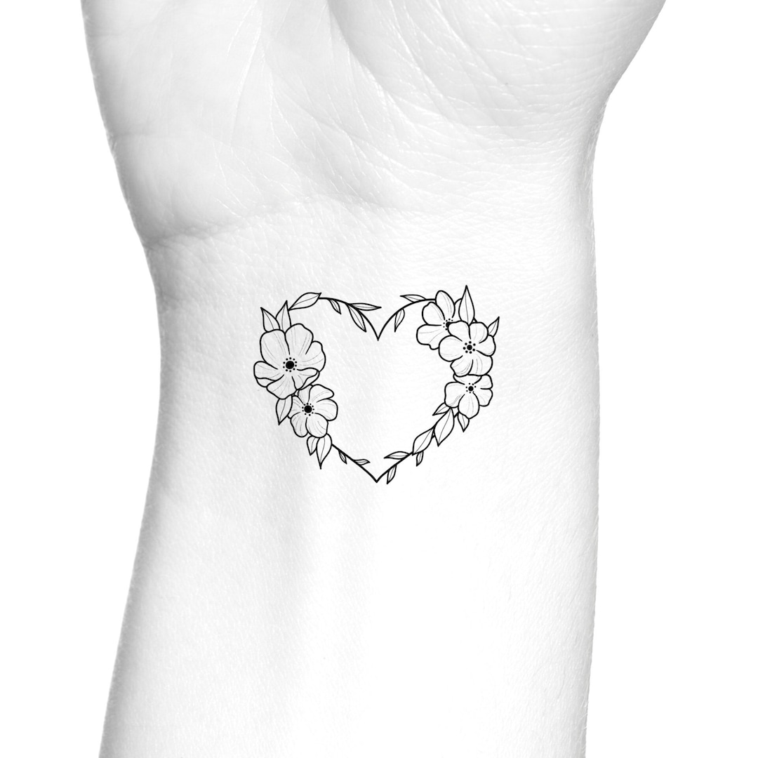 Dainty Floral Heart Temporary Tattoo / Feminine Wrist Temp Tattoo