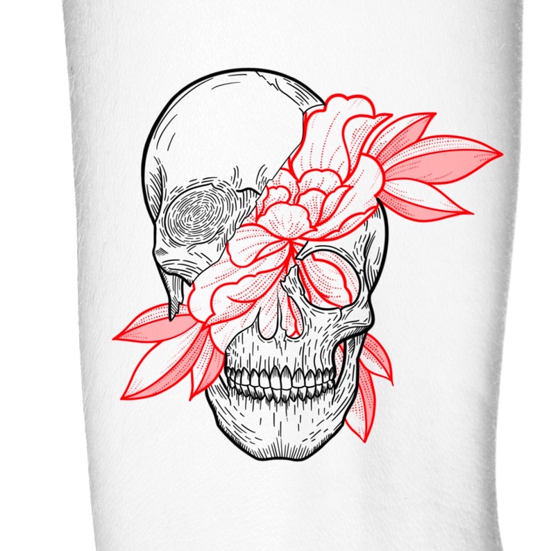 Red Floral Skull Temporary Tattoo / Halloween Flowers Skeleton Etsy
