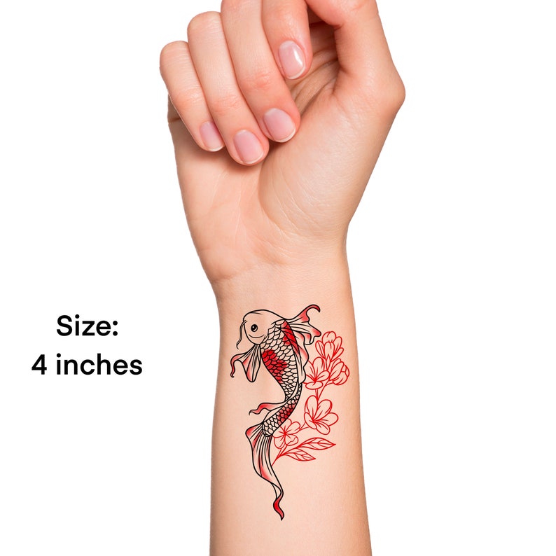 Floral Red Koi Fish Temporary Tattoo / Watercolor Japanese Koi Fish Temp Tattoo / Wildflower Fish Tattoo / Small Animal Tattoo image 5
