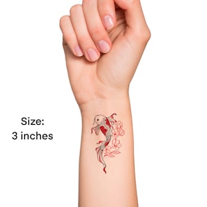 Floral Red Koi Fish Temporary Tattoo / Watercolor Japanese Koi Fish Temp Tattoo / Wildflower Fish Tattoo / Small Animal Tattoo image 4