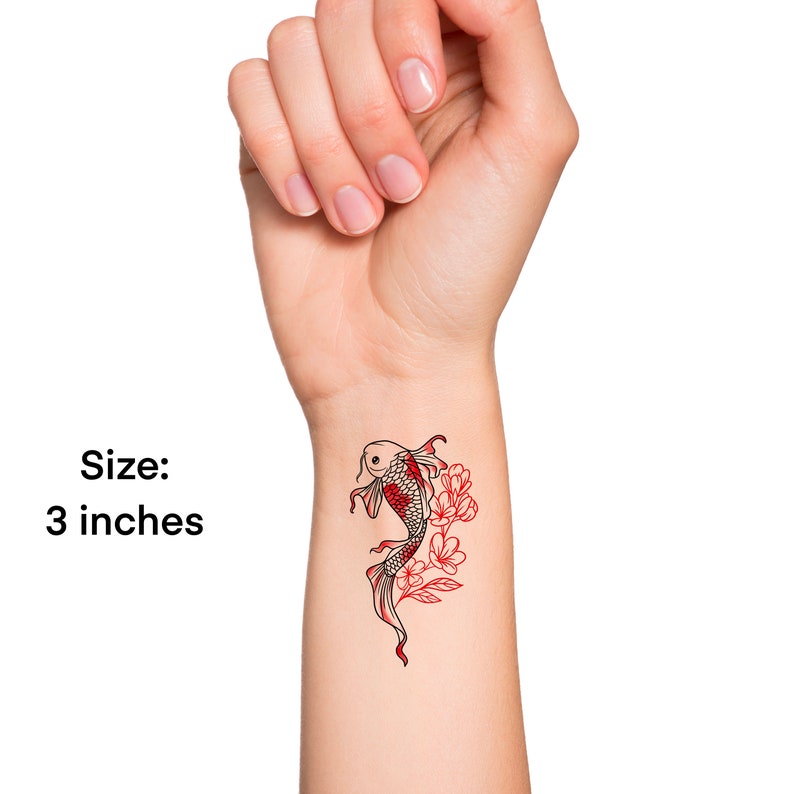 Floral Red Koi Fish Temporary Tattoo / Watercolor Japanese Koi Fish Temp Tattoo / Wildflower Fish Tattoo / Small Animal Tattoo image 4