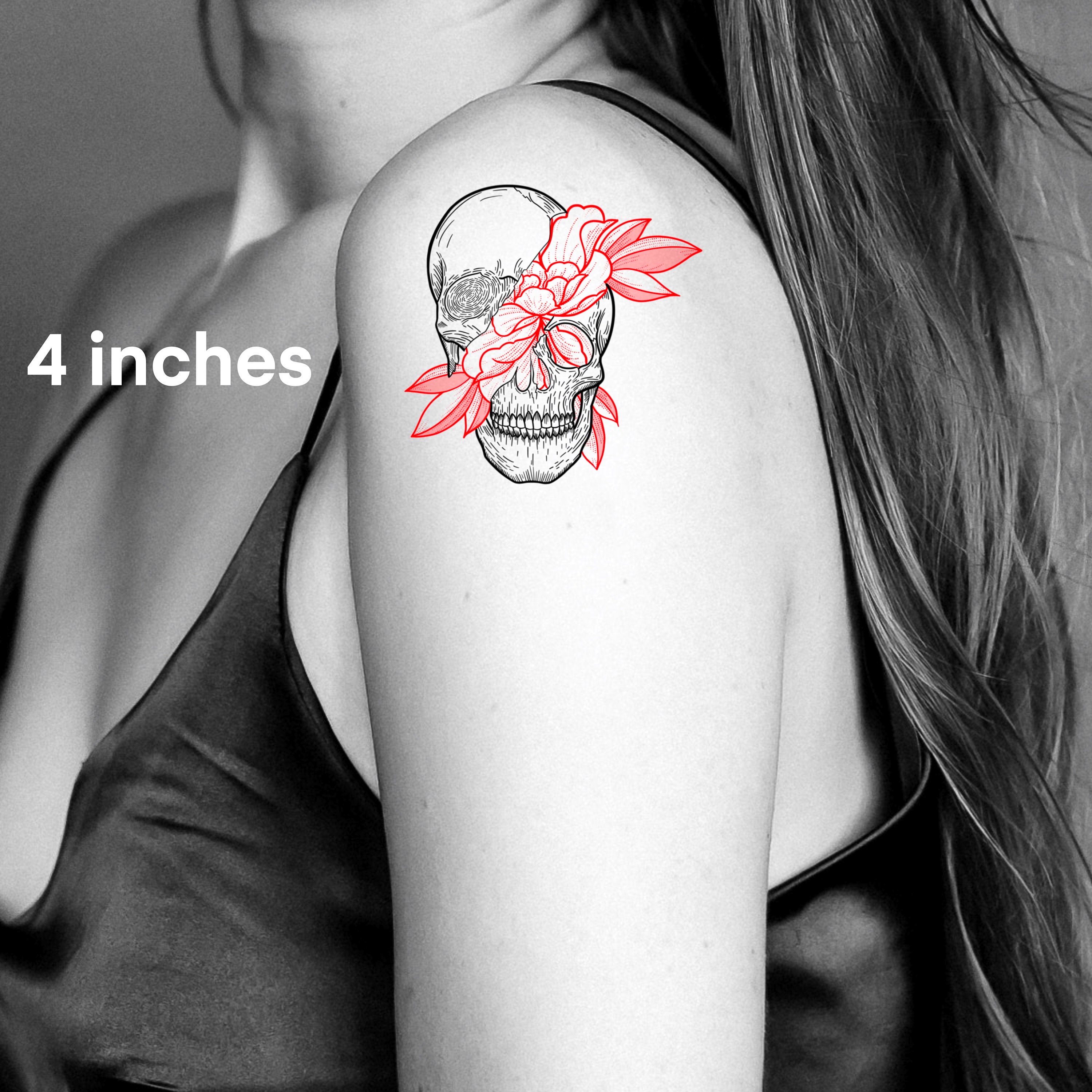 Red Floral Skull Temporary Tattoo / Halloween Flowers Skeleton Etsy