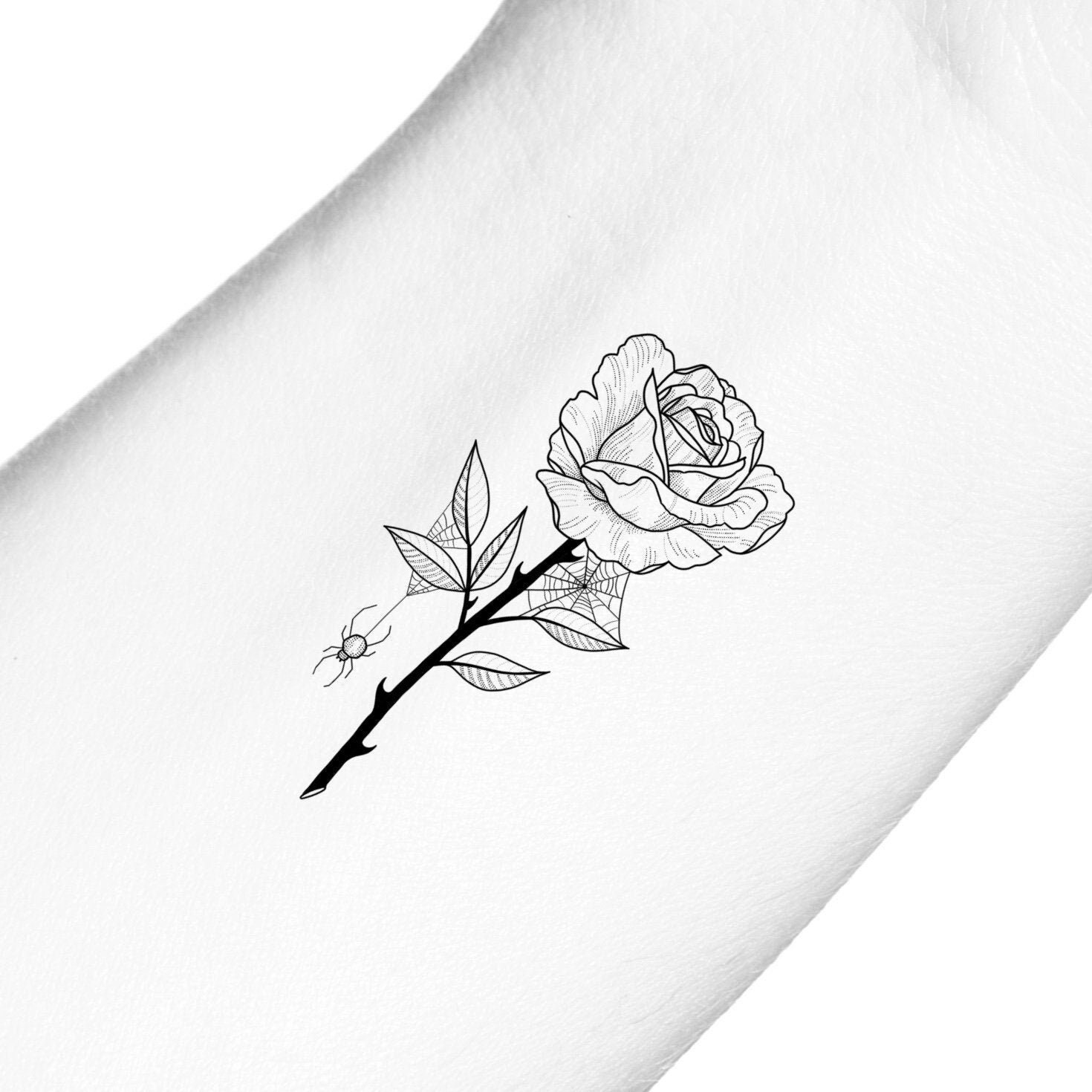 Dessin Rose Avec Tige Tatouage Fleur de rose avec tige et contour daraignée Tatouage - Etsy France