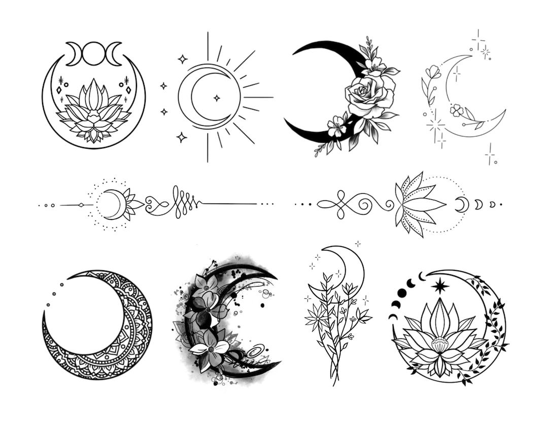 Moon Temporary Tattoo Multipack Set of 10 / Wildflower Crescent Moon Lotus Unalome Moon Phases Mandala Flowers Tattoo Sheet - Etsy