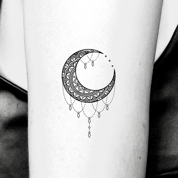 Mandala Crescent Moon With Drippy Dotwork Outline Temporary Etsy
