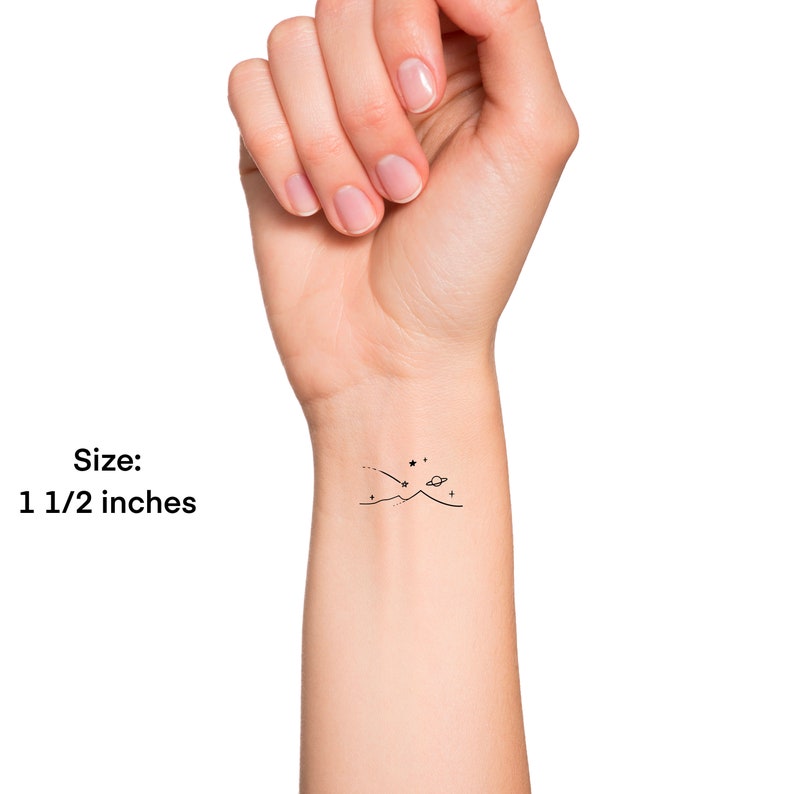 Mountains Planets Sky and Shooting Stars Outline Temporary Tattoo / Cute Small Wrist Tattoo / Nature and Space Tattoo image 3