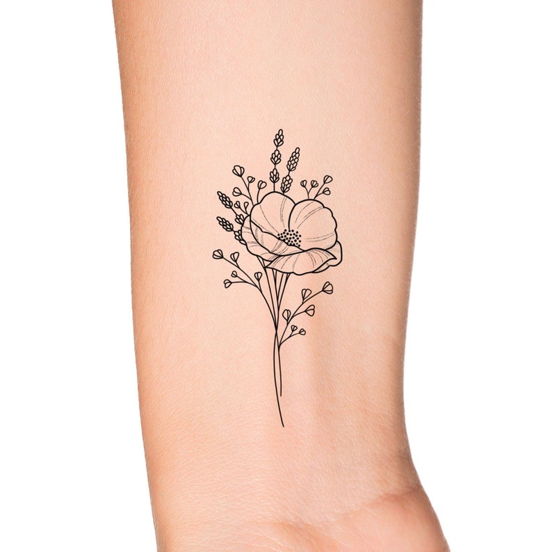 Puede incluir: Un dise&ntilde;o de tatuaje simple de l&iacute;nea de una flor de amapola con hojas y tallos.