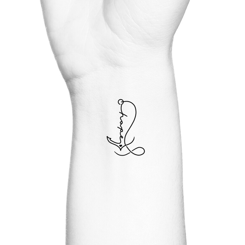 May include: A black line drawing of an anchor with the word "Hope" written inside the anchor.