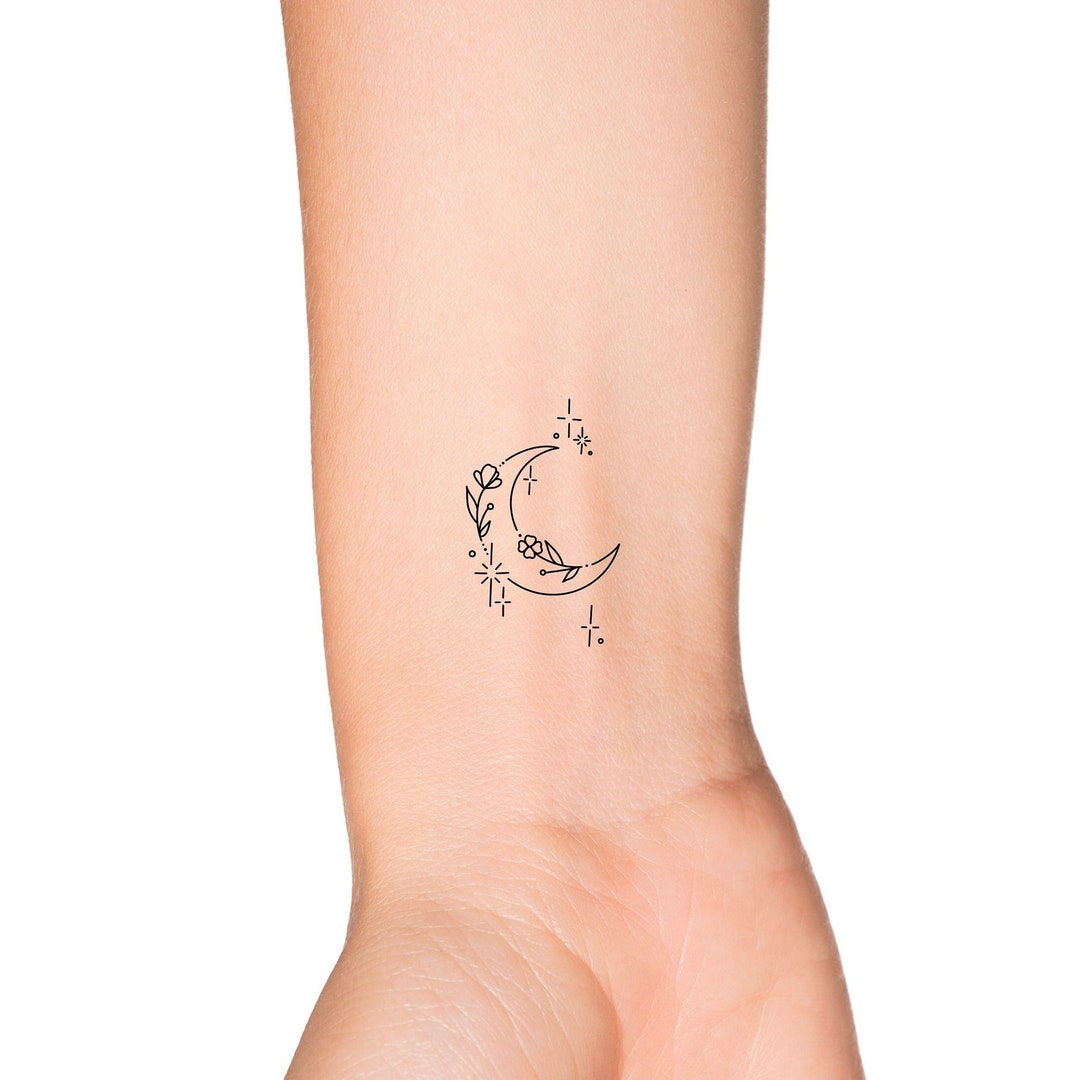 Dainty Floral Crescent Moon Outline Feminine Temporary Tattoo - Etsy
