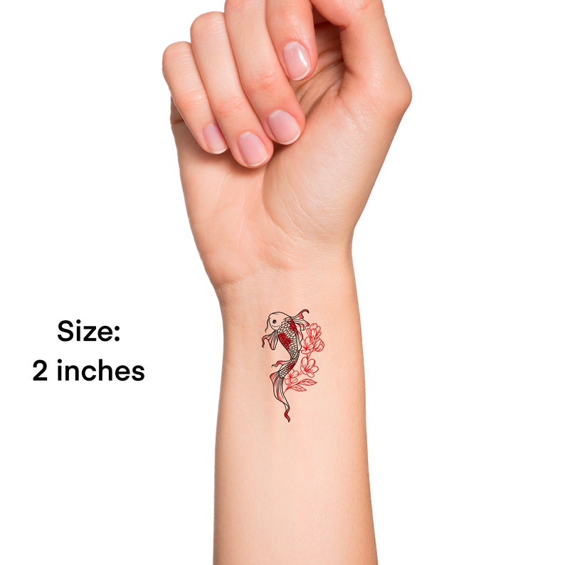 Floral Red Koi Fish Temporary Tattoo / Watercolor Japanese Koi Fish Temp Tattoo / Wildflower Fish Tattoo / Small Animal Tattoo image 3