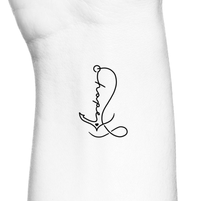 May include: A black and white line art tattoo design of an anchor with the word "Hope" written inside the anchor.