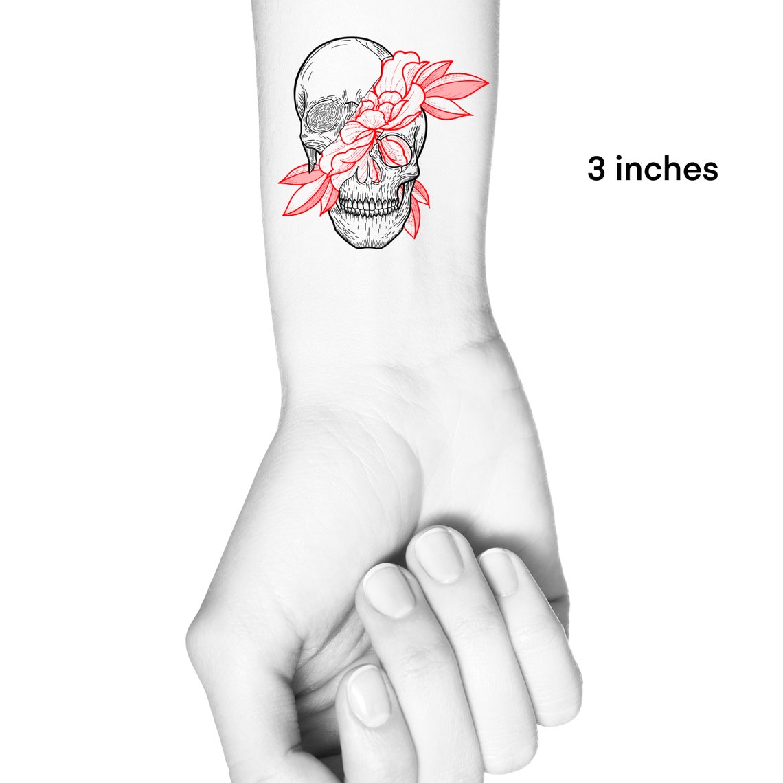 Red Floral Skull Temporary Tattoo / Halloween Flowers Skeleton Etsy
