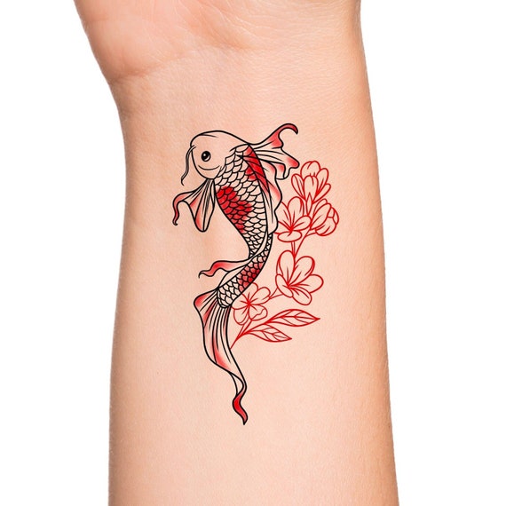 Floral Red Koi Fish Temporary Tattoo / Watercolor Japanese Koi ...