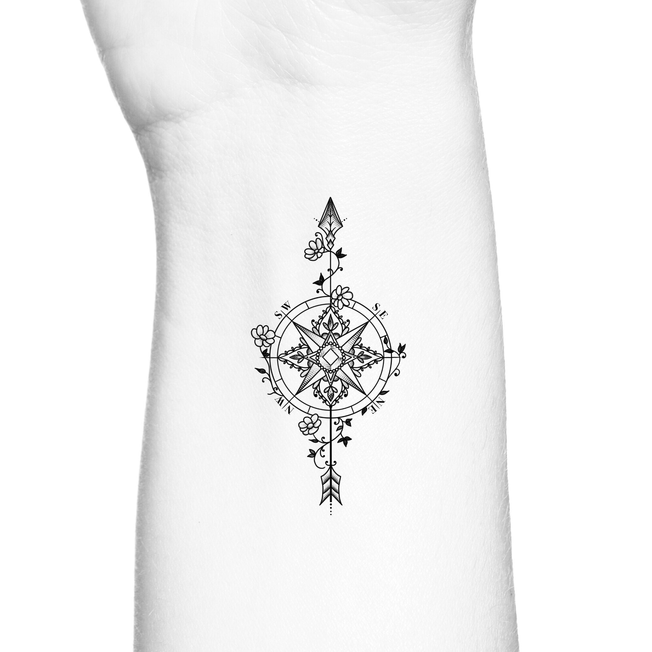 Feminine Floral Mandala Compass Rose Arrow Temporary Tattoo - Etsy Feminine Floral Mandala Compass Rose Arrow Temporary Tattoo - Etsy