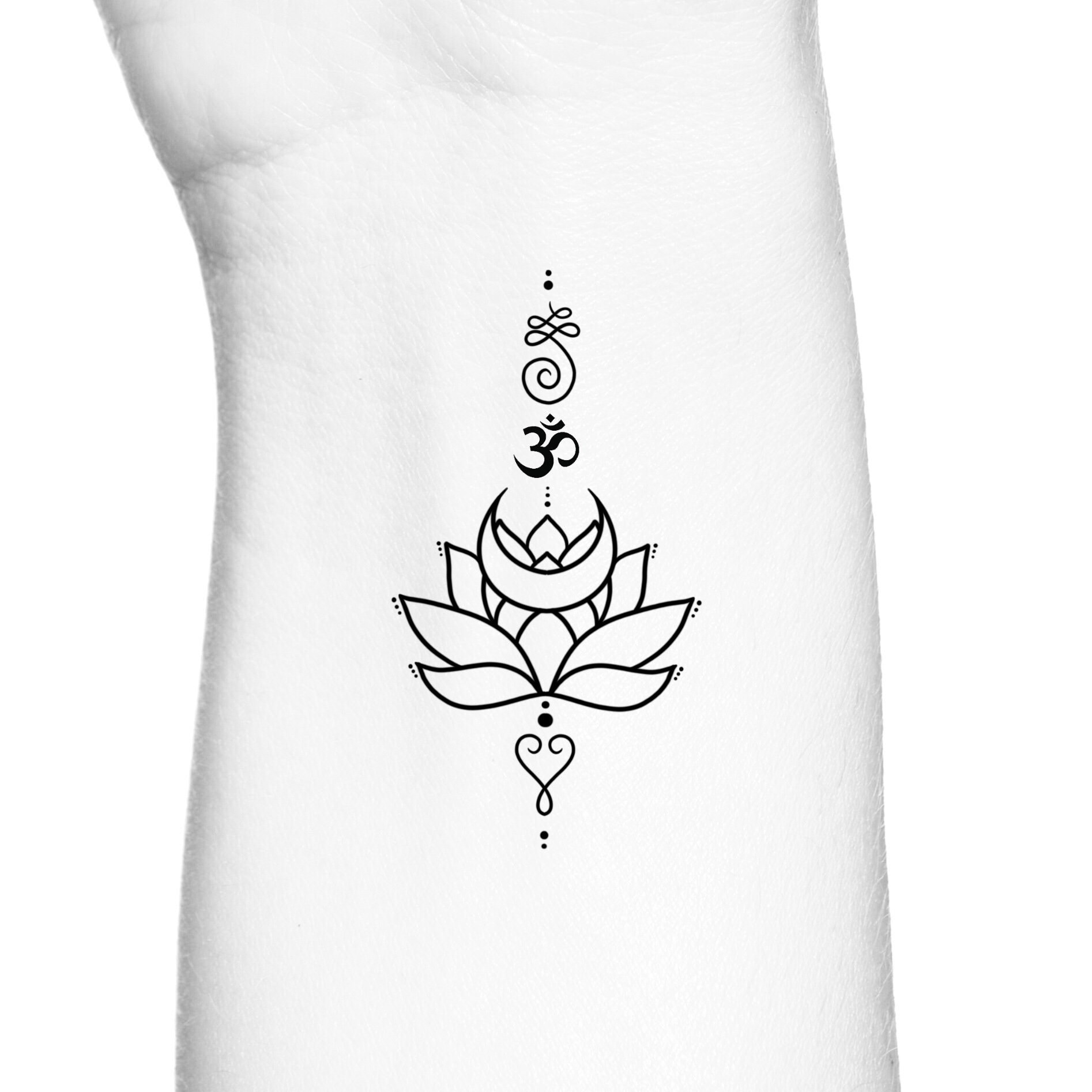 Lotus Crescent Moon Ohm Heart Unalome Temporary Tattoo - Etsy