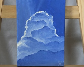 Small Cloud Oil Painting, Clouds in Front of a Blue Sky, Oil on (5 x 7) Canvas