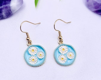 Blue Daisy Circular Flower Plant Floral White Petal Dangle Drop Cute Gift for Her Women Teens Friends Mum Jewellery Earrings 18k Gold Hook