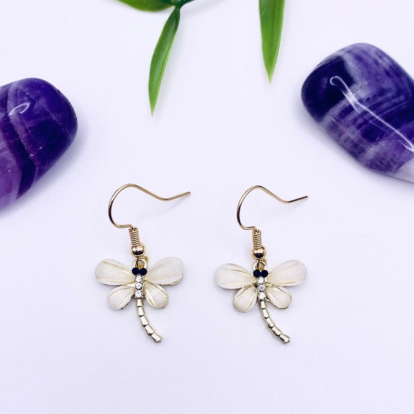 Dainty Dragonfly Cream Gold Insect Bug Wings Dangle Drop Earrings Jewellery Stocking Filler Gift for Her Women Teens Friends Gold Hook