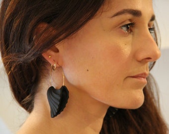 Black Clay earrings, shell jewelry, Big Circle Wire Hoops Loop, anti-allergic earrings, lightweight earrings, Gift for her, gold hoops