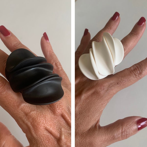 White clay modern ring, Black ring, Petal ring, Cocktail Ring, Oversized Contemporary Organic Modern Unique Edgy Abstract Unusual