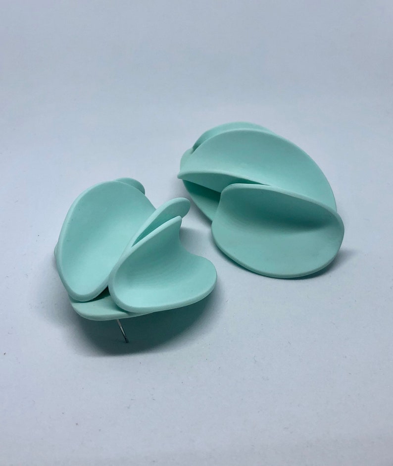 Handmade Pastel mint Petal Earrings, clay earrings ,unique bold earring, gift for mom, bold oversized earrings , Unique Edgy earrings image 8